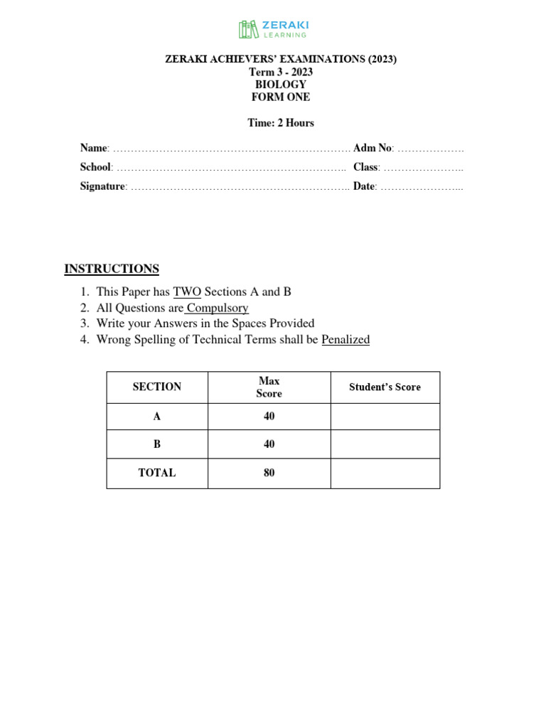 Biology - Biology Form 1 - Question Paper | Download Free PDF | Foods ...