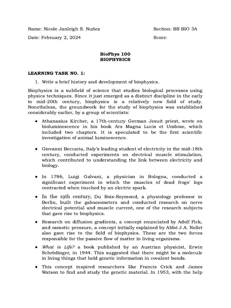 BioPhys 100 - Learning Task 1 2 3 | PDF | Proteins | Biology