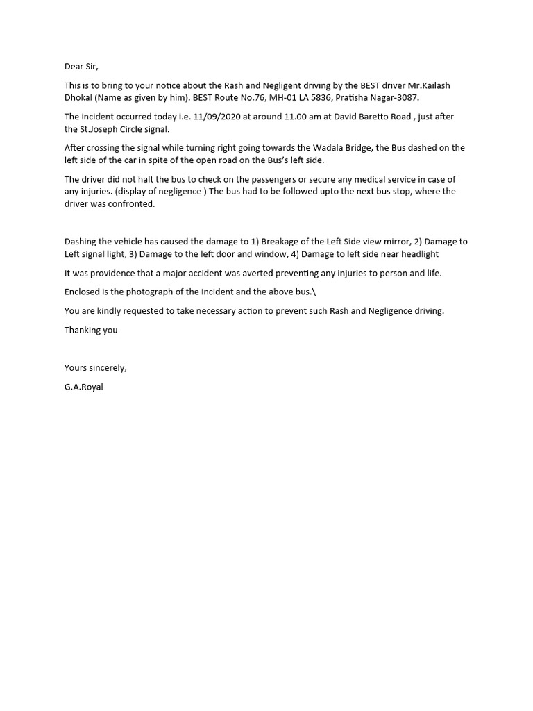 Rash Driving Complaint: BEST Bus 76 Incident | PDF