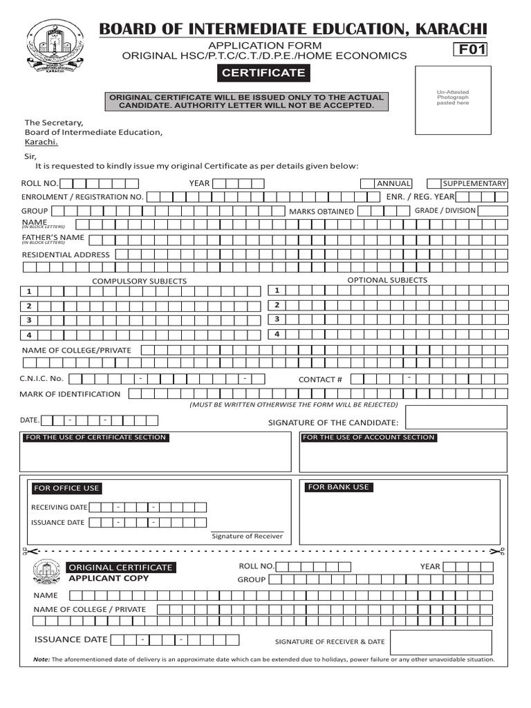 Intermediate Certificate Application Form | PDF | Identity Document