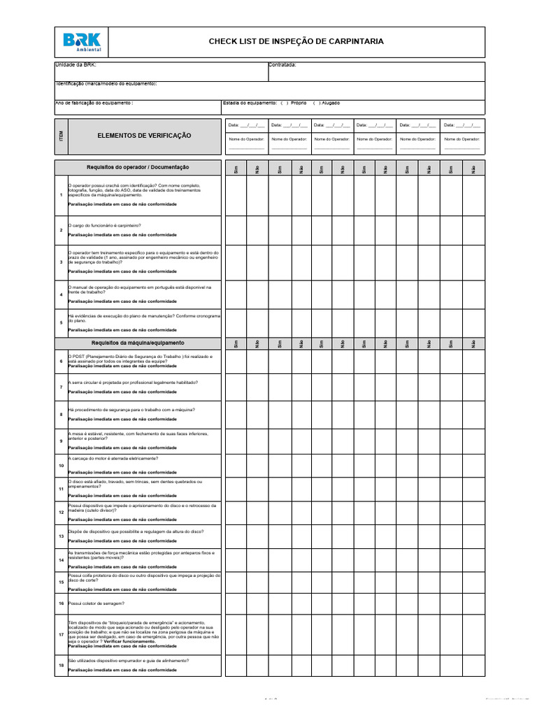 Check List de Inspeção de Carpintaria | PDF