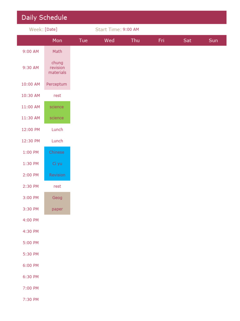 Weekly Study Schedule Template | PDF