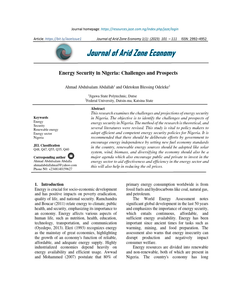 101+-+111+Abdallah+&+Odeleke+ (2023) +vol +1+issue+1 | PDF | Energy ...