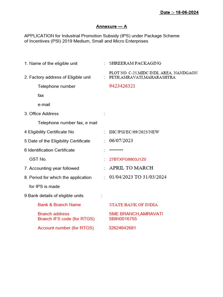 IPS Application for Shreeram Packaging | PDF | Taxes | Accountant