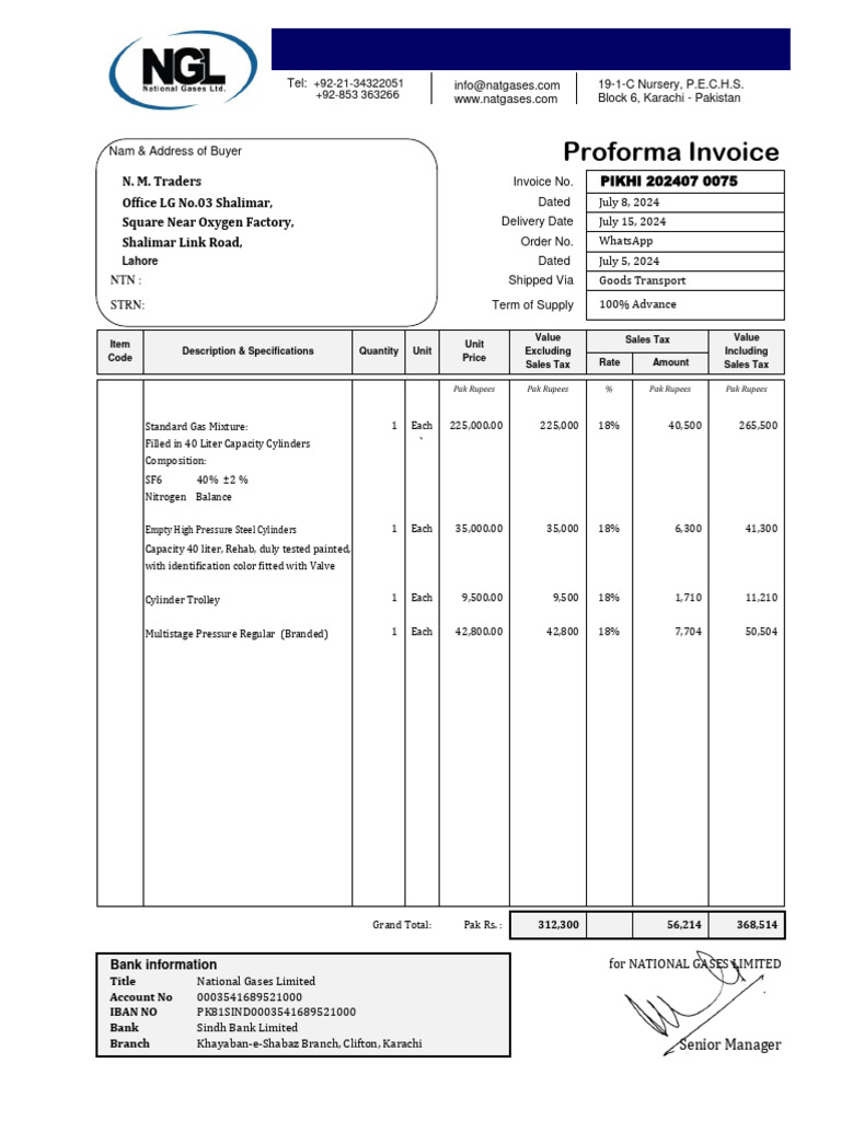 Proforma Invoice for Gas Cylinders | PDF | Invoice | Gases