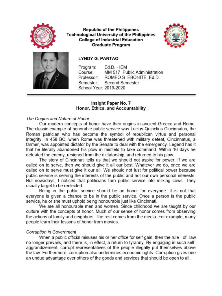 Honor, Ethics, and Accountability in Public Service | PDF | Morality ...
