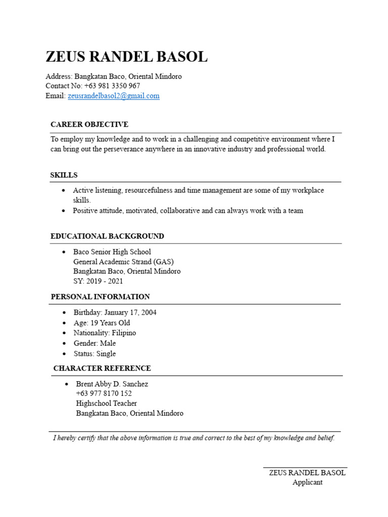 Zeus Randel Basol Resume Summary | PDF | Wellness