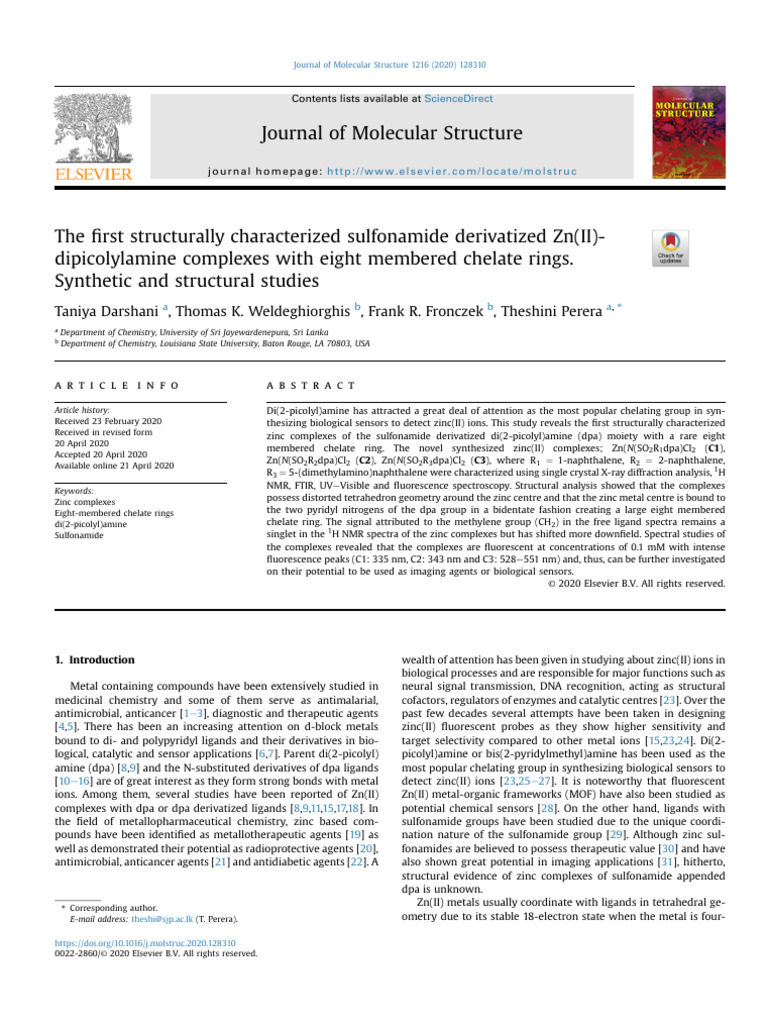 Taniya journal of molecular structure 2020 pdf coordination