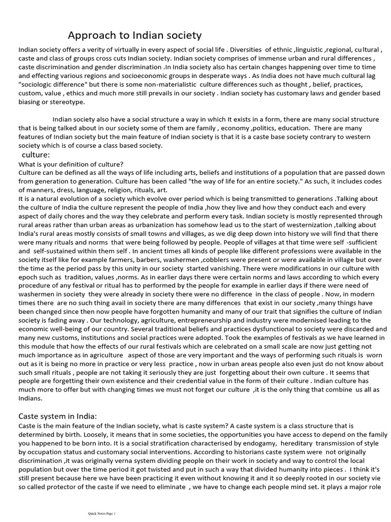 Approach To Indian Society | PDF | Caste | Society