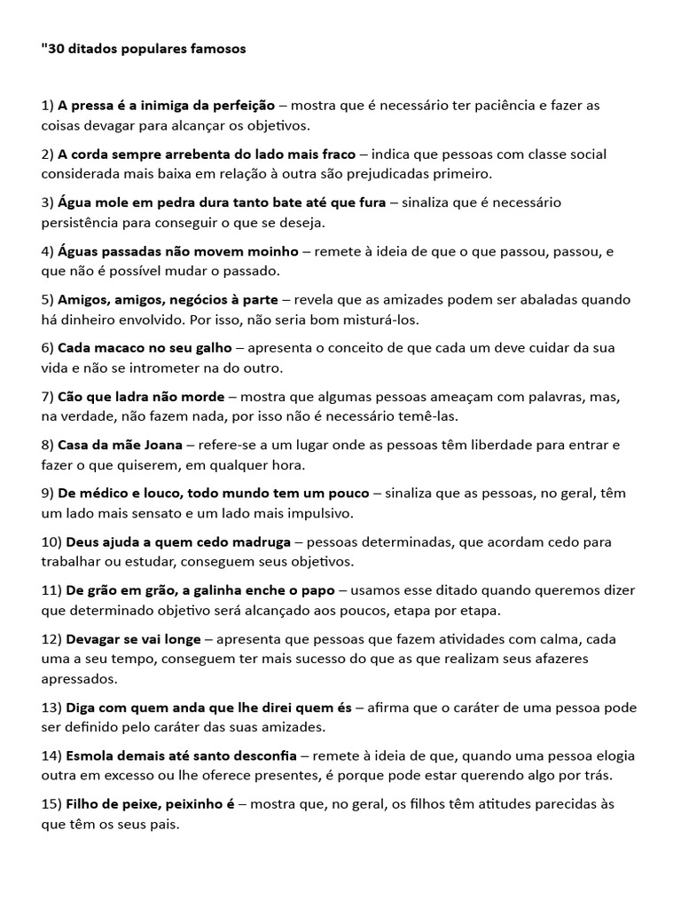 30 Ditados Populares Famosos Pdf Pensamento Tempo