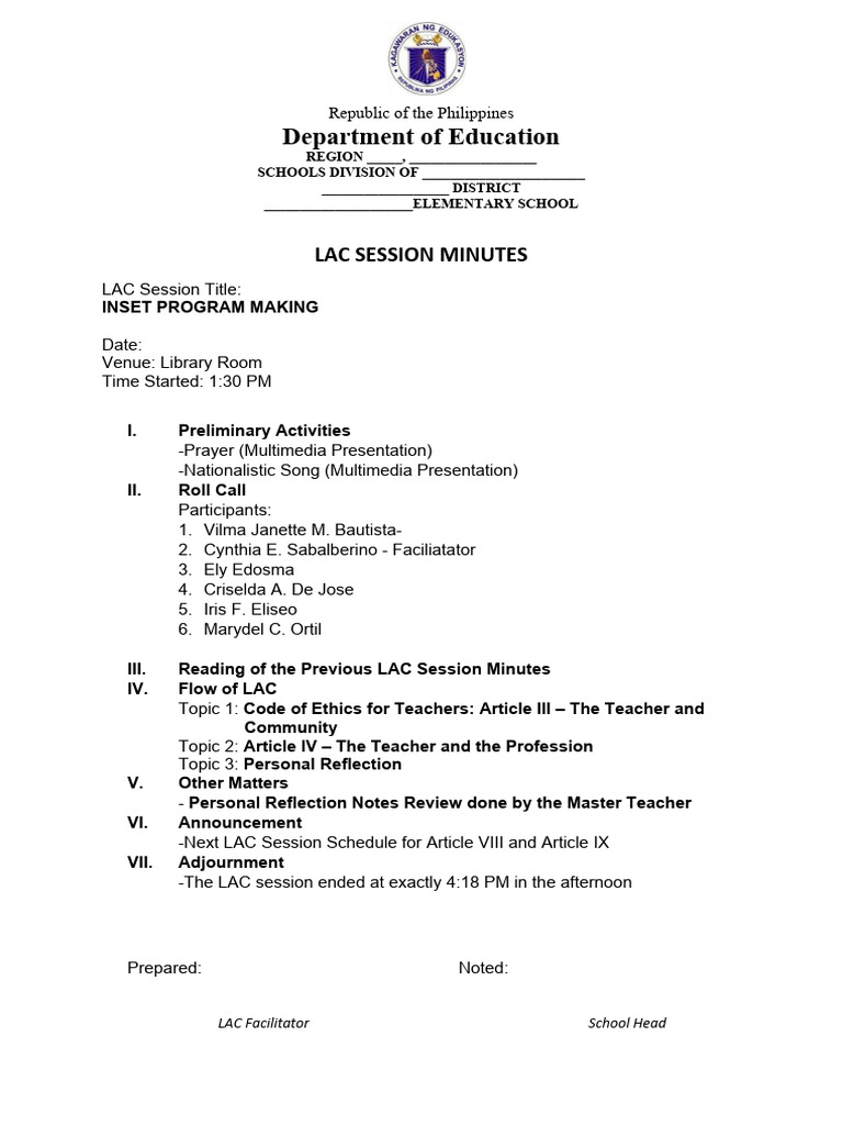 LAC Session Minutes: INSET Program Overview | PDF