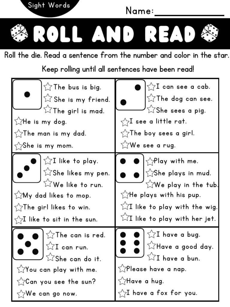 Roll and Read Decodable Sentences Sight Word and CVC Reading Fluency- | PDF