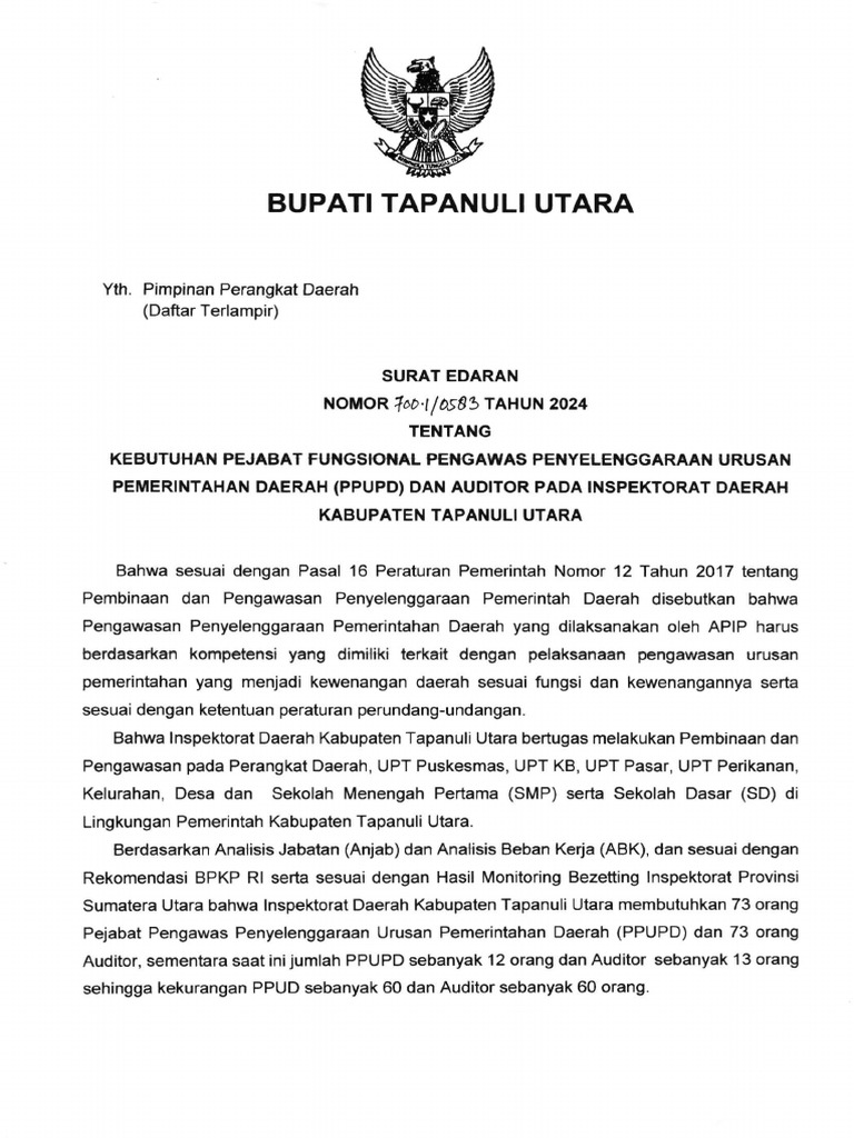 Surat Edaran 700.10583 Tahun 2024 Tentang Kebutuhan Pejabat Ppud | PDF