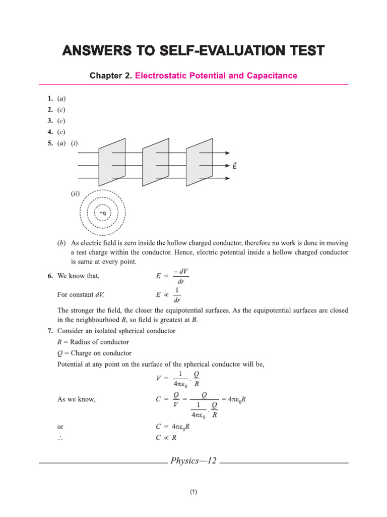 Cbse Cl12 Together With Physics Answers To Self-Evaluation Test CH 2 | PDF