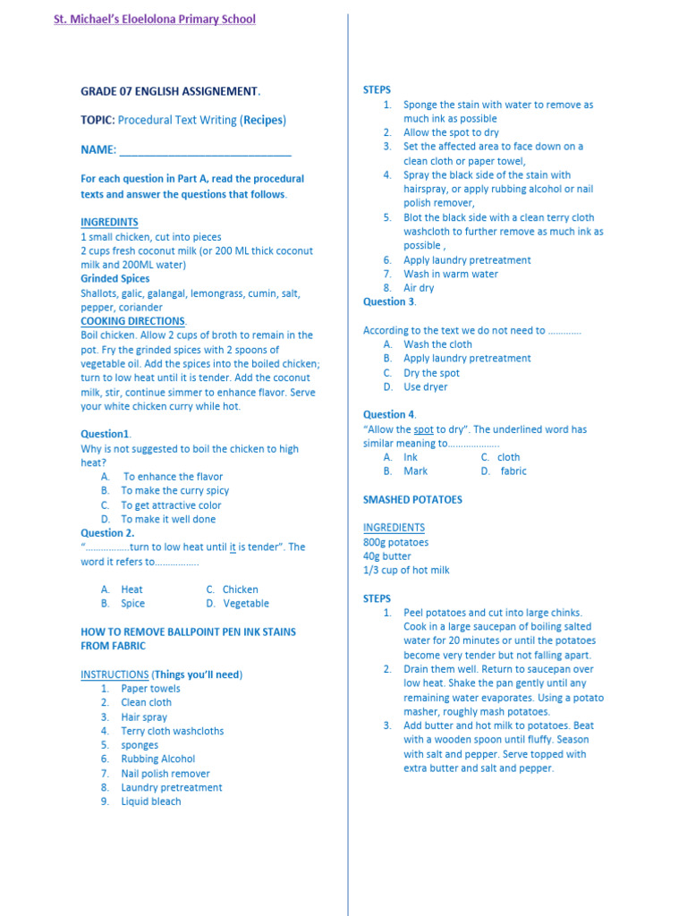 Grade 7 English Procedural Text Assignment | PDF | Curry | Potato