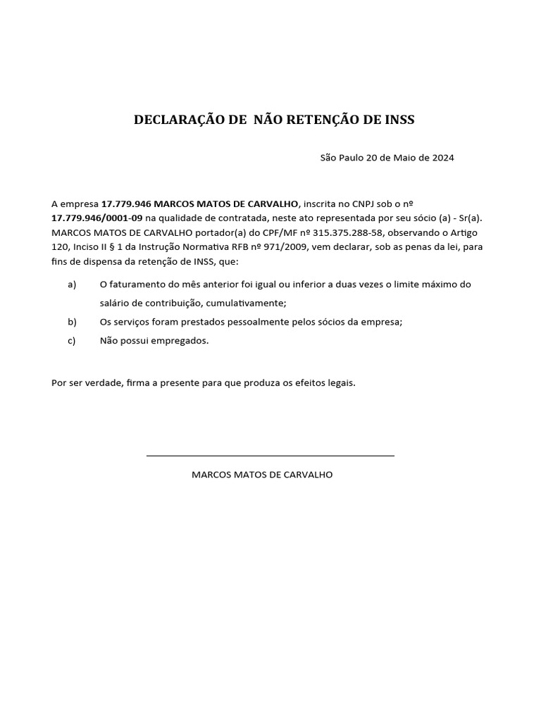 Declara o para n o reten o inss servi o prestado por socio pdf