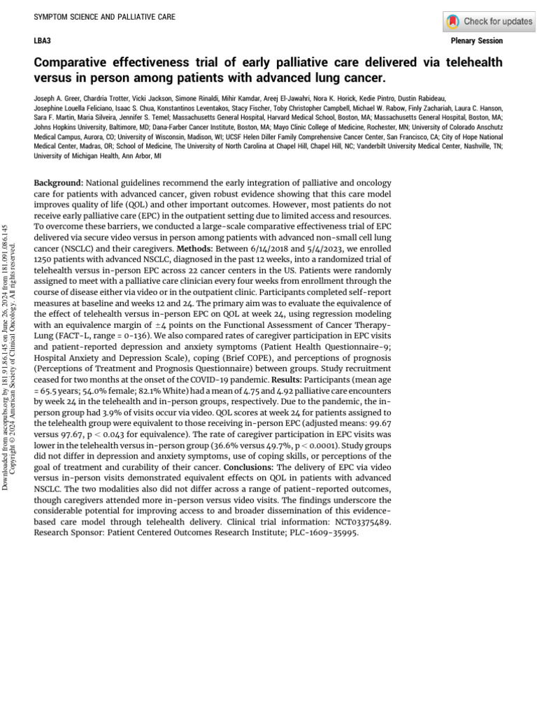 Greer Et Al 2024 Comparative Effectiveness Trial of Early Palliative ...