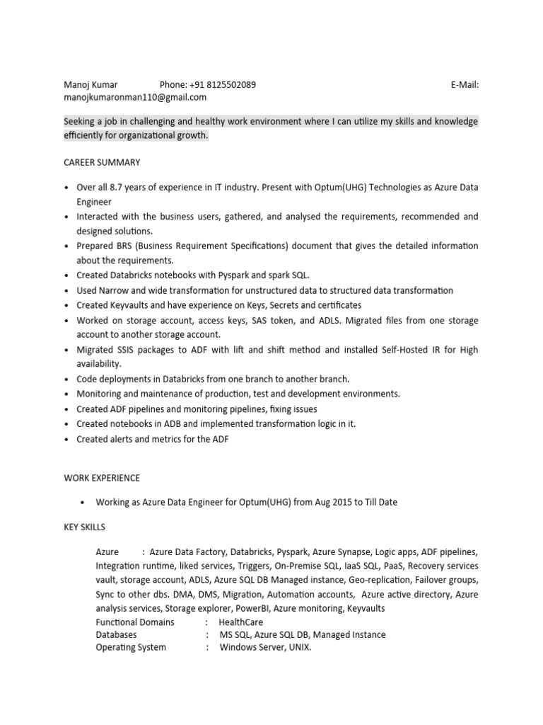 Azure Data Engineer Resume | PDF | Microsoft Azure | Microsoft Sql Server