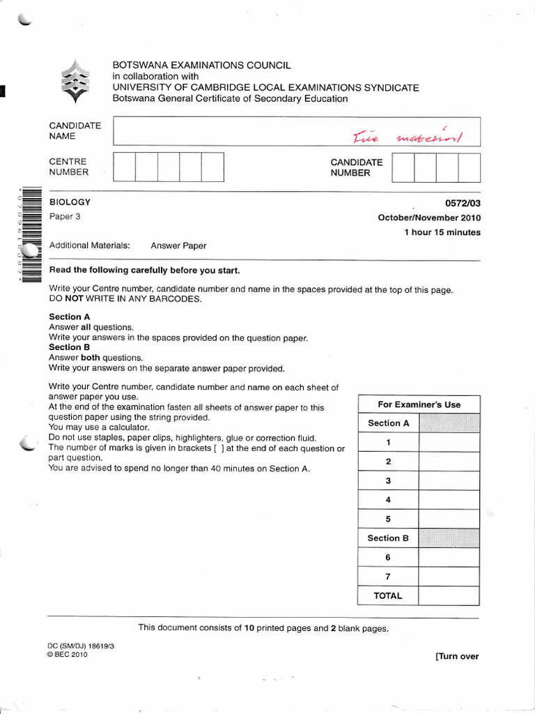 2010 BIOLOGY PAPER 3 - 20231117 - 0001 Copy-1 | PDF | Life Sciences ...