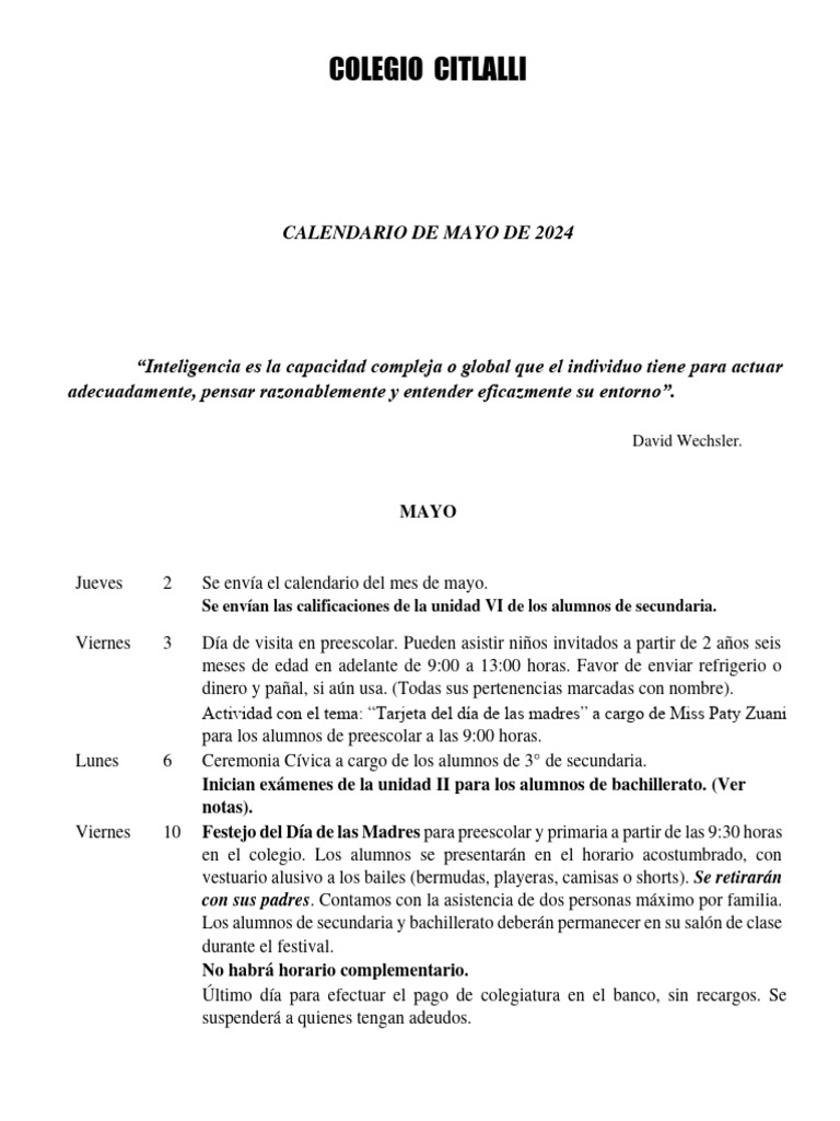 Calendario Mayo 2024 Colegio Citlalli | PDF | Educación de la primera ...