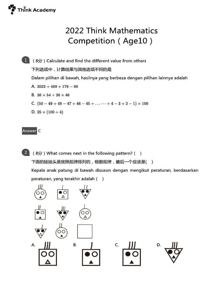 2022 - Think - Mathematics - Competition Solution Age10 | PDF
