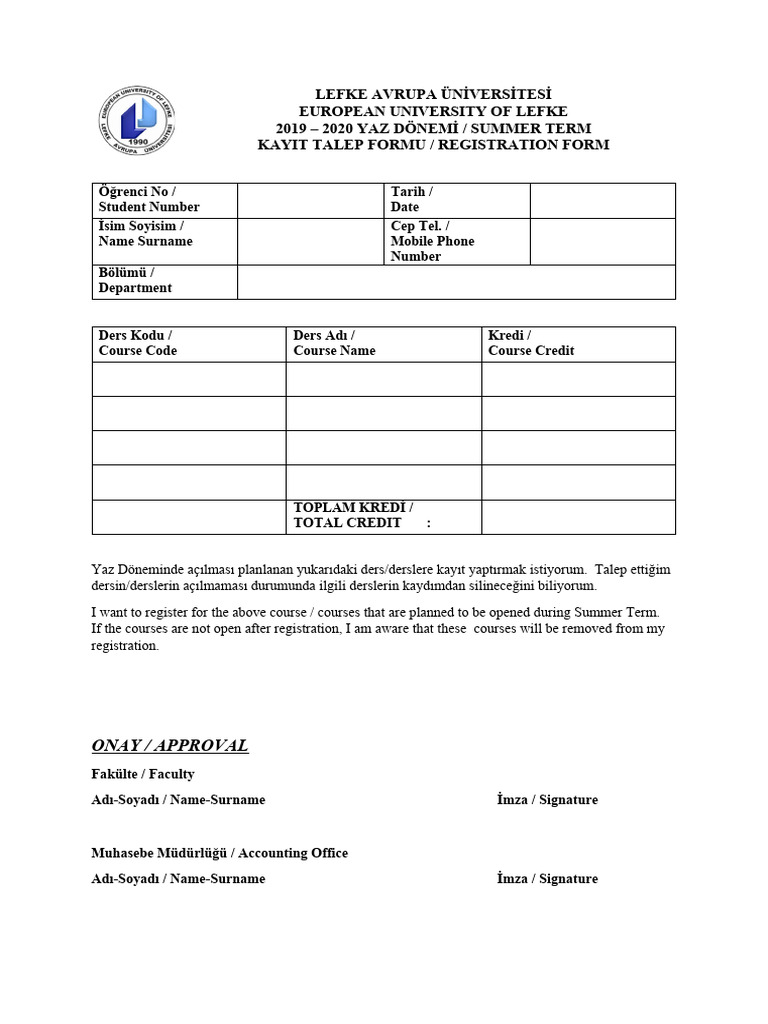 Kayit Formu Registration Form | PDF