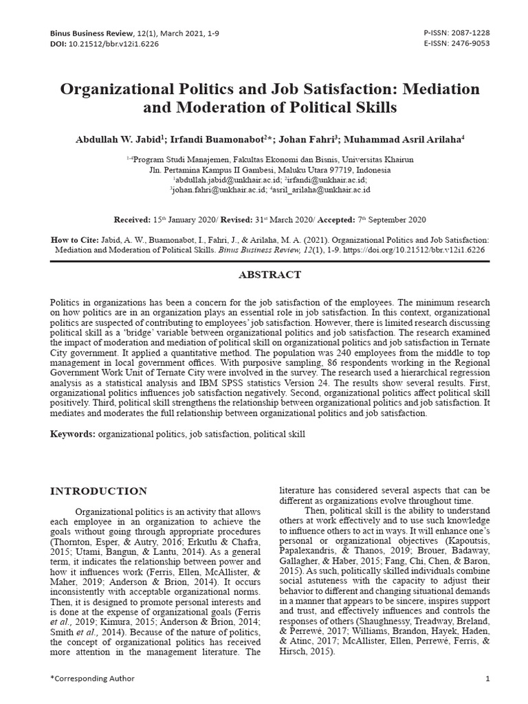 Impact of Political Skills on Job Satisfaction | PDF | Job Satisfaction ...
