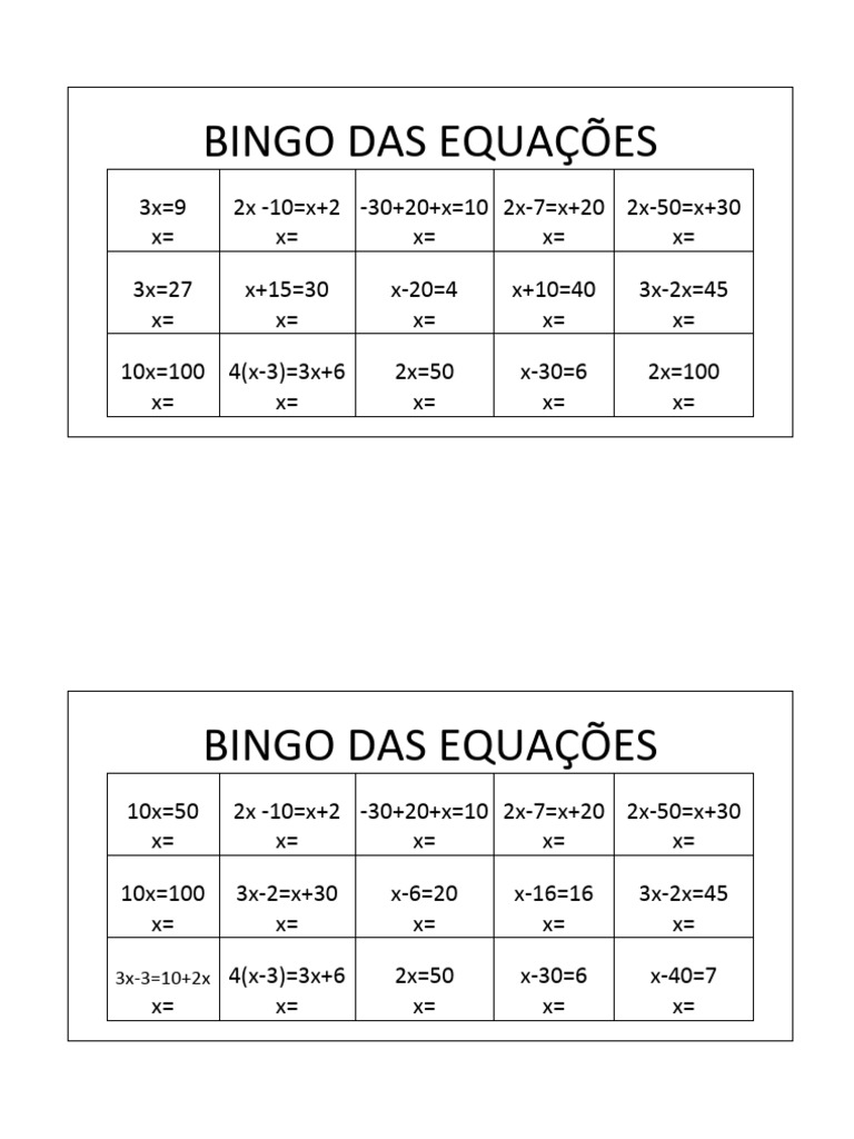 BINGO-DAS-EQUACOes | Download grátis PDF | Equações | Objetos matemáticos