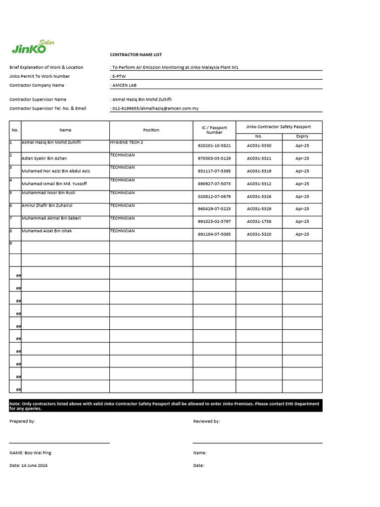 Contractor Name List AMCEN LAB | PDF