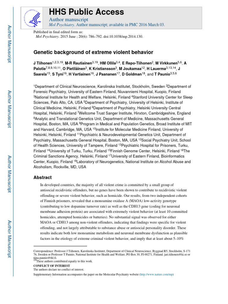 Genetic Background of Extreme Violent Behavior | PDF | Biology