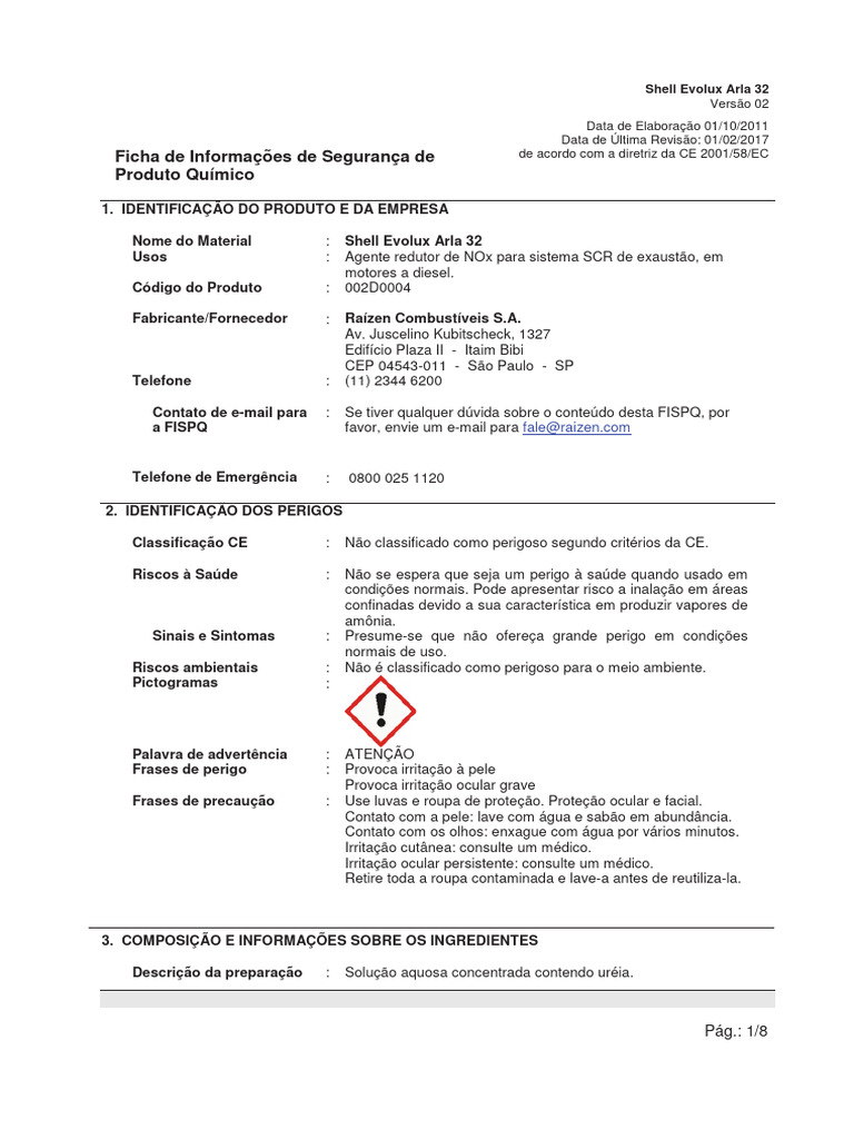 Ficha de Segurança Shell Evolux Arla 32 | PDF | Solubilidade | Química