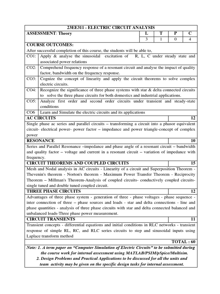Electric Circuit Analysis Syllabus | PDF | Electrical Network ...