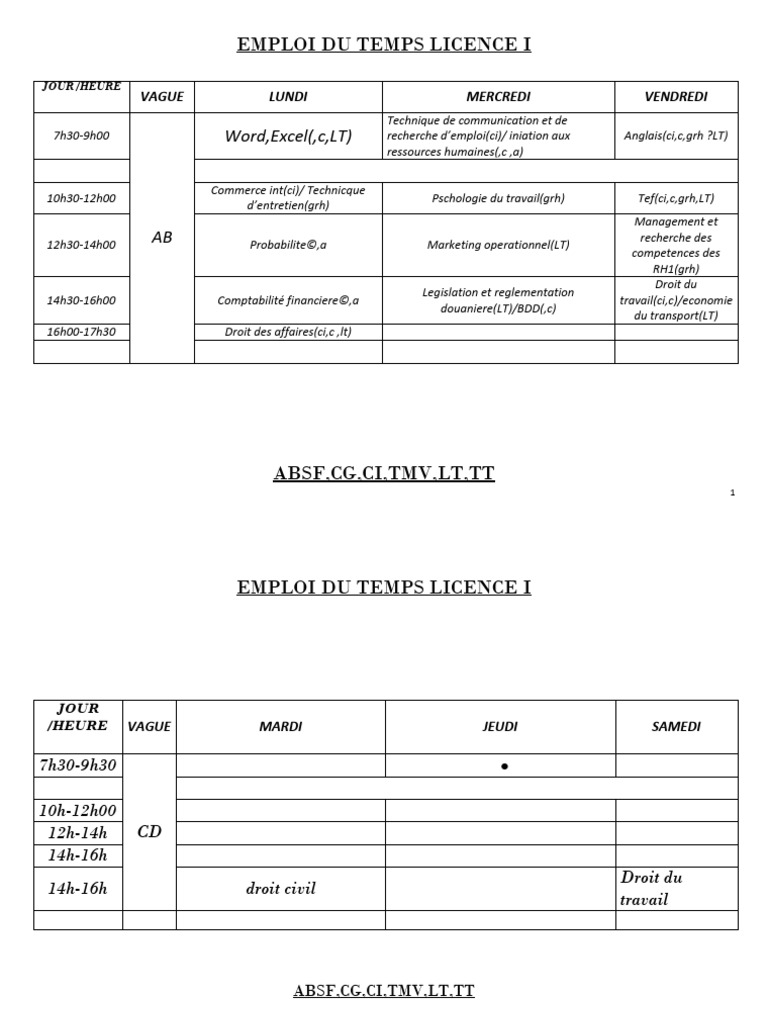 Emploi du Temps Licence I | PDF | Business