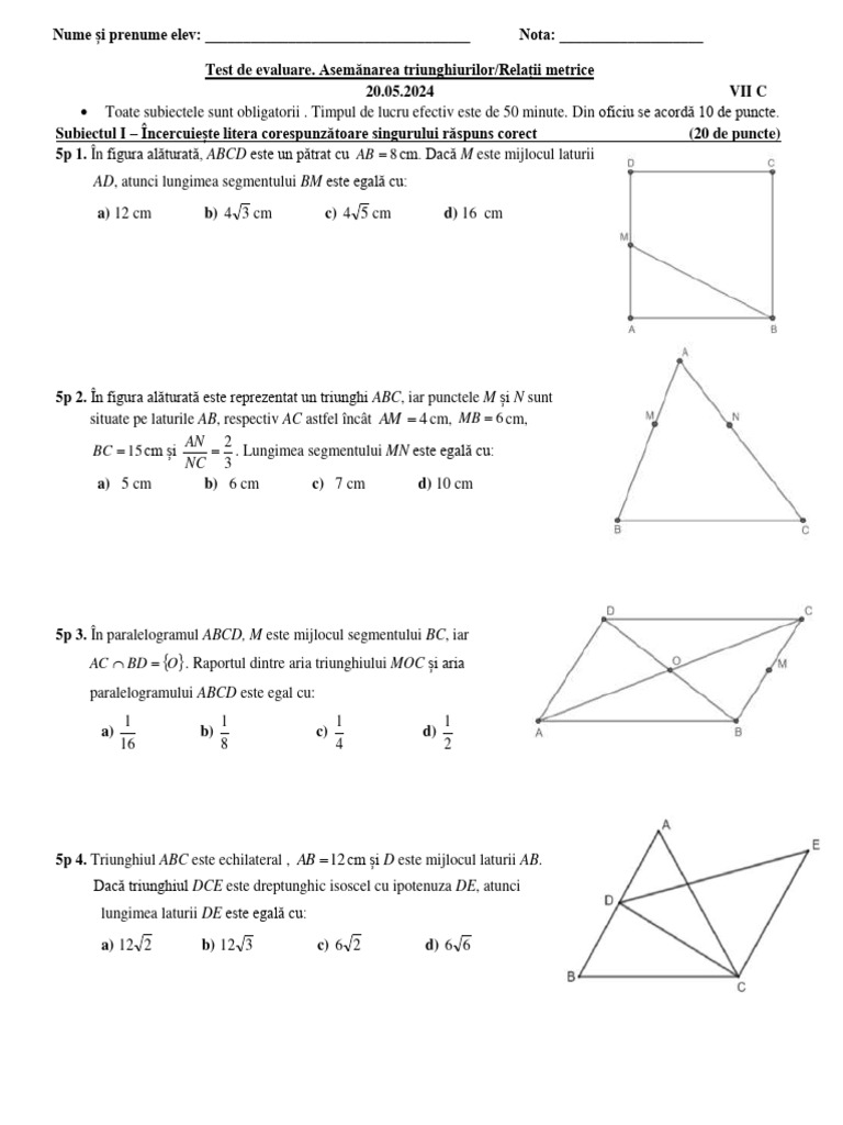 Test Clasa 7C - Asem+pitagora | PDF