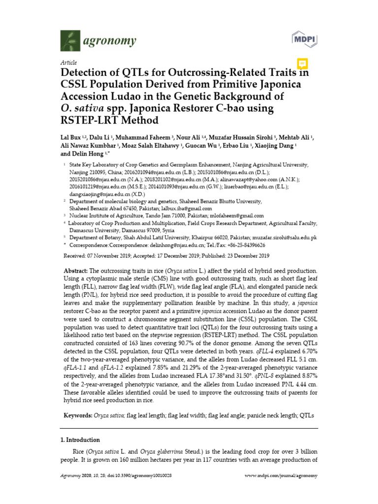 QTL Detection for Rice Outcrossing Traits | PDF | Quantitative Trait ...