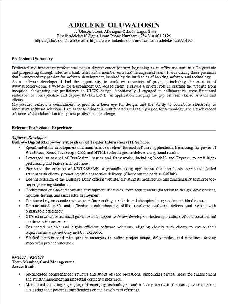 Software Developer with Diverse Experience | PDF | Web Development ...