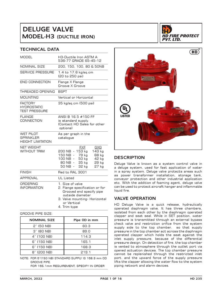 HD Fire Deluge Valve H3 Technical Data | PDF | Valve | Fire Sprinkler ...