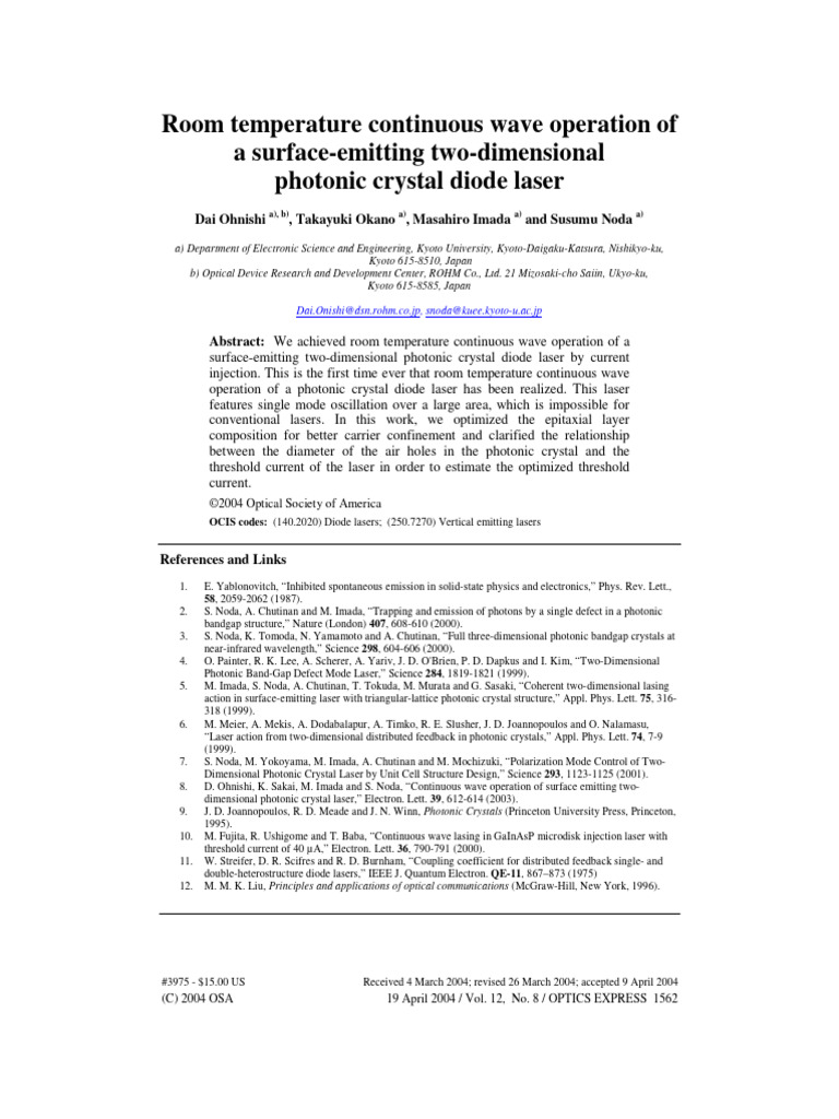 Room Temperature 2D Photonic Crystal Laser | PDF | Laser | Laser Diode