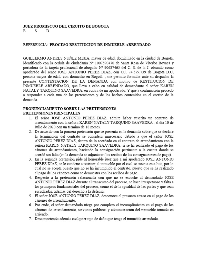 Contestación Proceso Restitución Inmueble | PDF | Demanda judicial ...