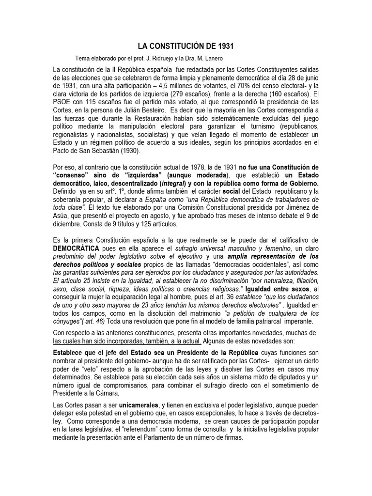 La Constitución de 1931 | PDF | Cortes Generales | Constitución