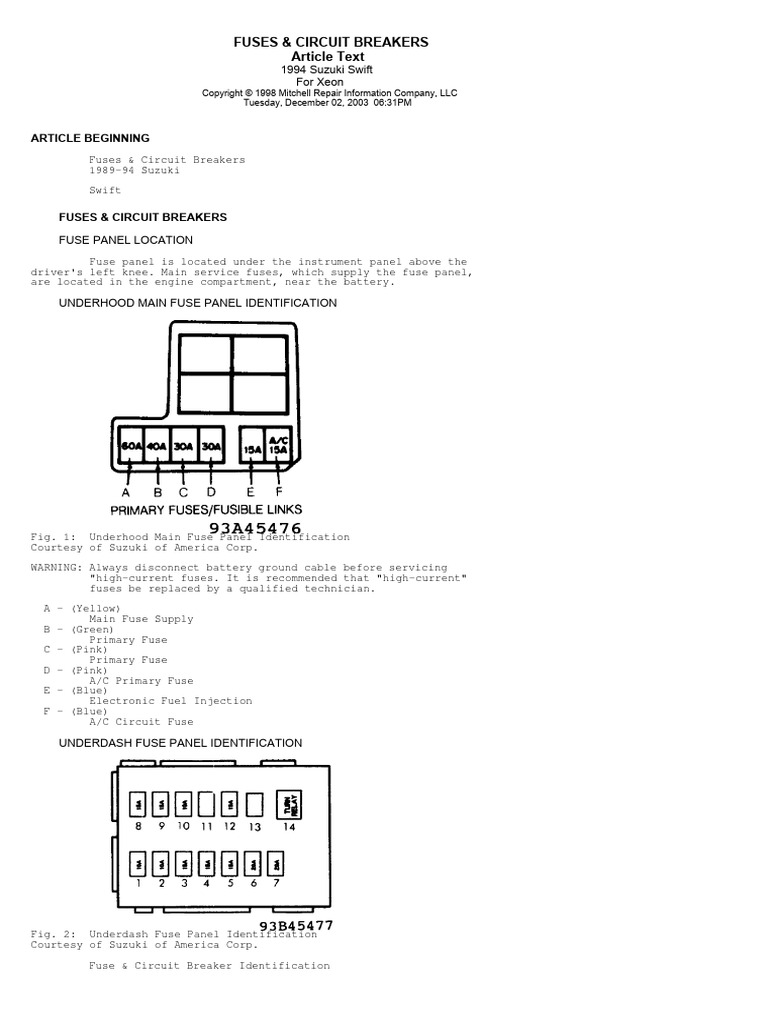 Suzuki Swift Fuse & Circuit Breaker Guide