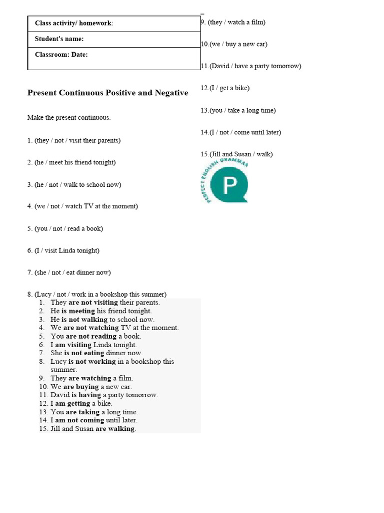 Present Continuous Tense Exercises | PDF