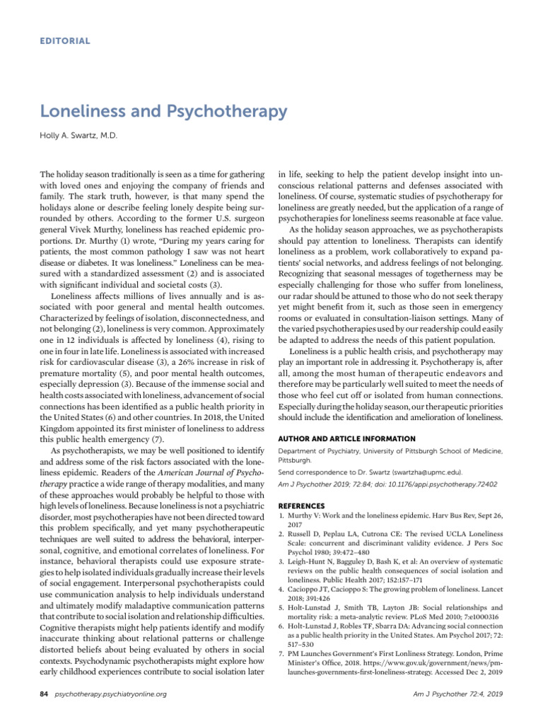 Loneliness and Psychotherapy - Appi - Psychotherapy.72402 | PDF ...