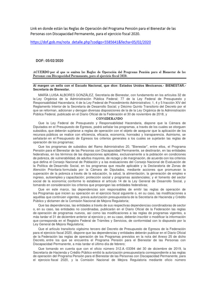 Reglas de Operación Del Programa PCD 2020 | PDF | Invalidez | México