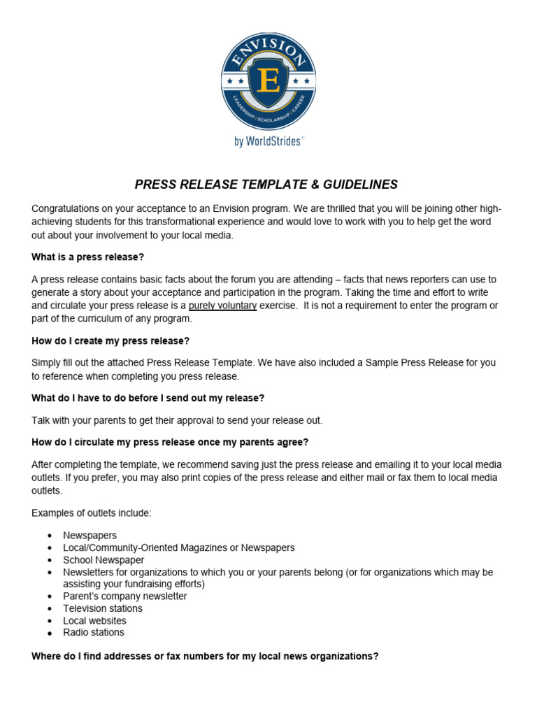 Envision Program Press Release Guide | PDF | Press Release | Human ...