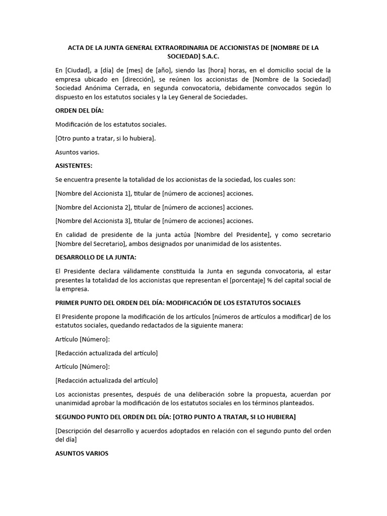 Acta Junta General Extraordinaria S.A.C. | PDF