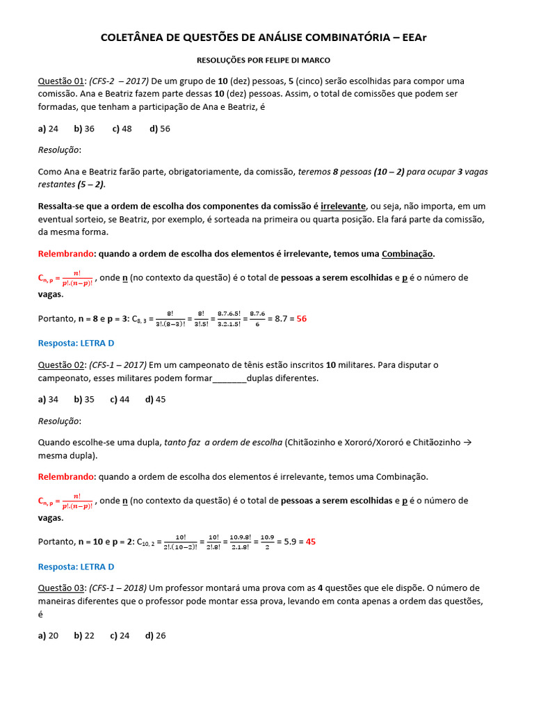 Questões de Análise Combinatória | PDF | Permutação | Combinatória