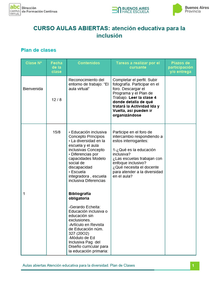 Plan de clases - Aulas abiertas | PDF | Inclusión (Educación) | Salón ...