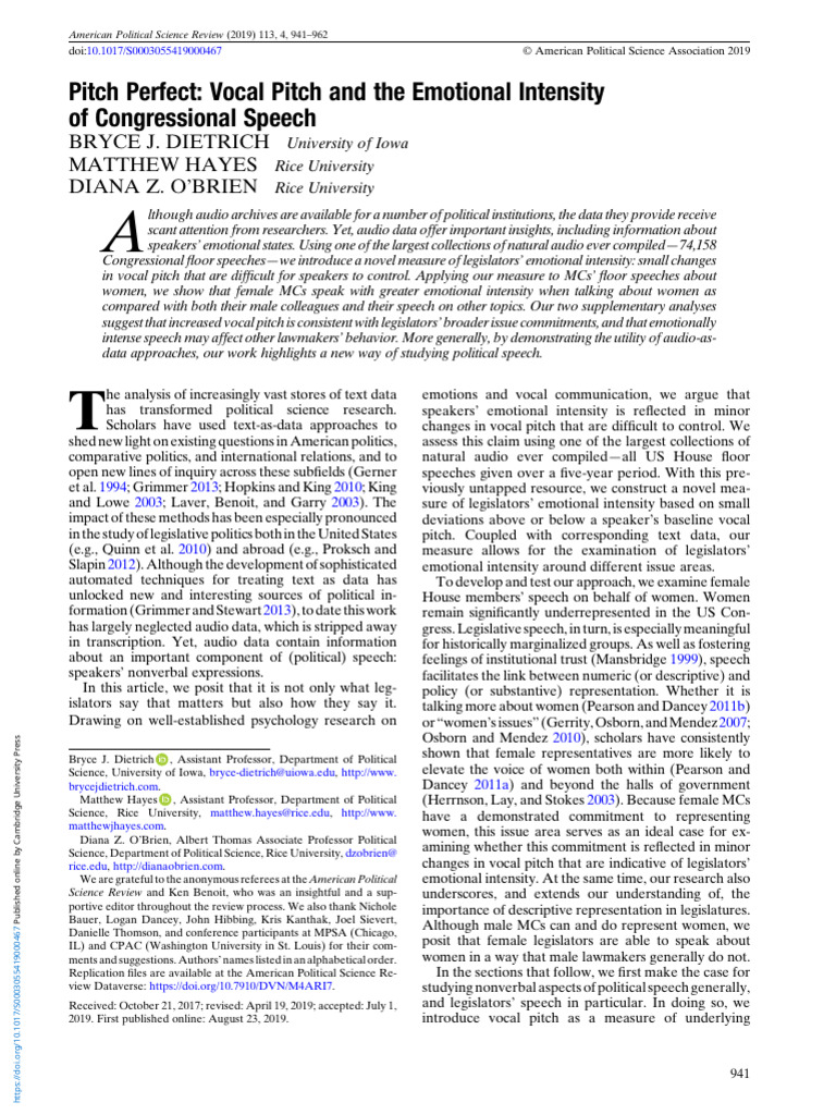 Pitch Perfect Vocal Pitch And The Emotional Intensity Of Congressional