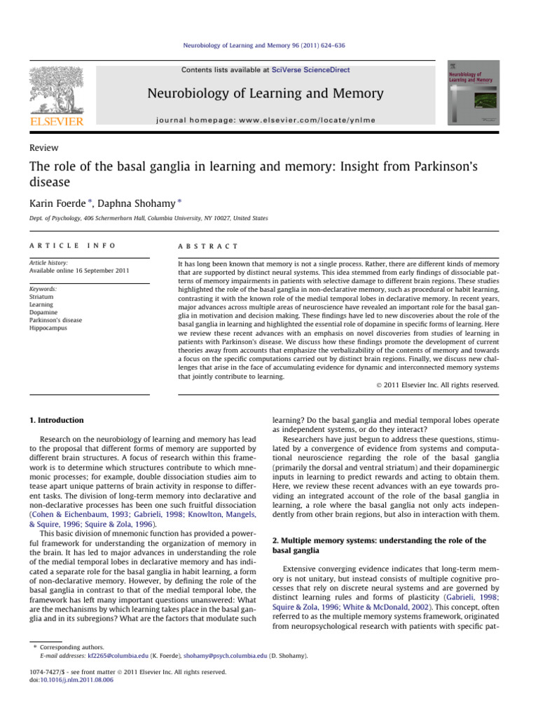 The Role of The Basal Ganglia in Learning and Memory, Insight From ...